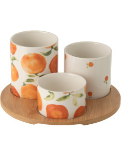 Lot de 3 Bols à apéro style méditerrannéen Céramique Blanc Orange Motif oranges Bambou Naturel Fruttia 