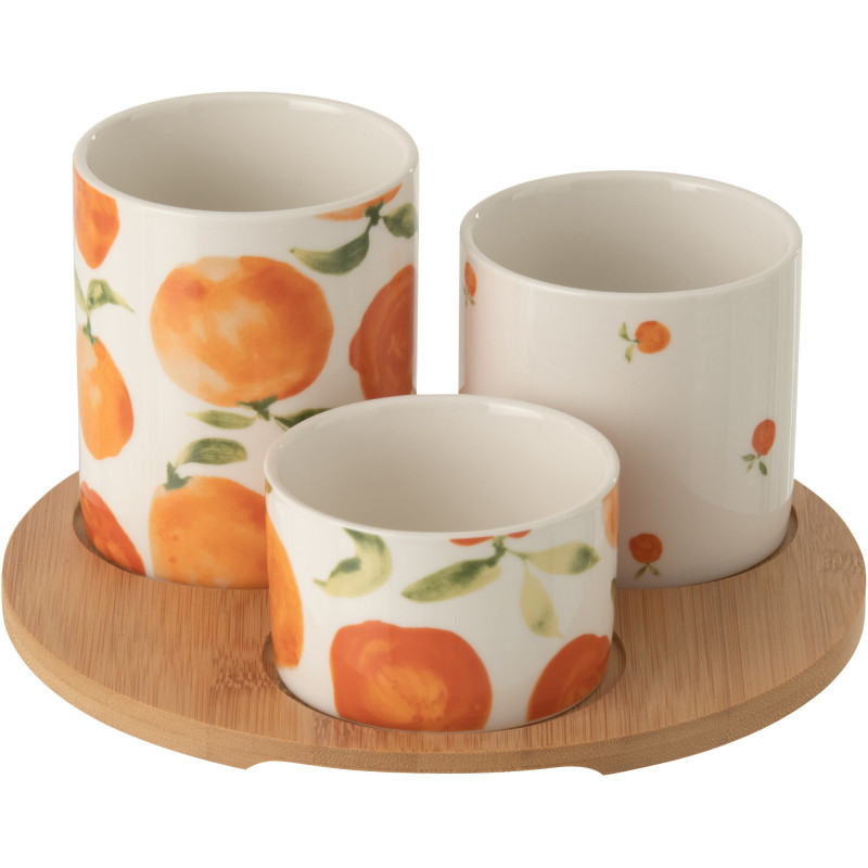 Lot de 3 Bols à apéro style méditerrannéen Céramique Blanc Orange Motif oranges Bambou Naturel Fruttia 