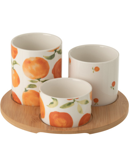 Lot de 3 Bols à apéro style méditerrannéen Céramique Blanc Orange Motif oranges Bambou Naturel Fruttia 