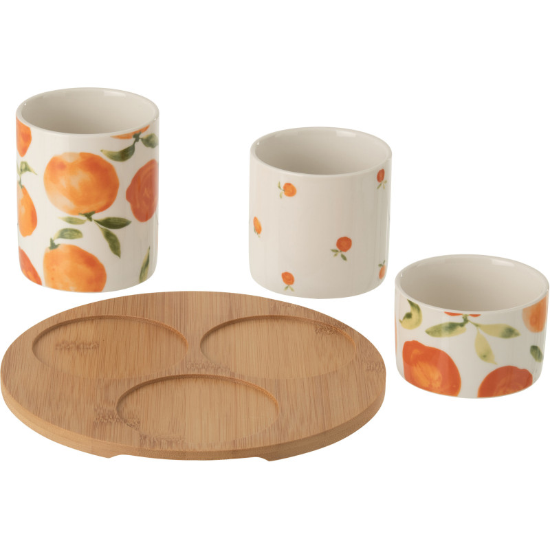 Lot de 3 Bols à apéro style méditerrannéen Céramique Blanc Orange Motif oranges Bambou Naturel Fruttia 