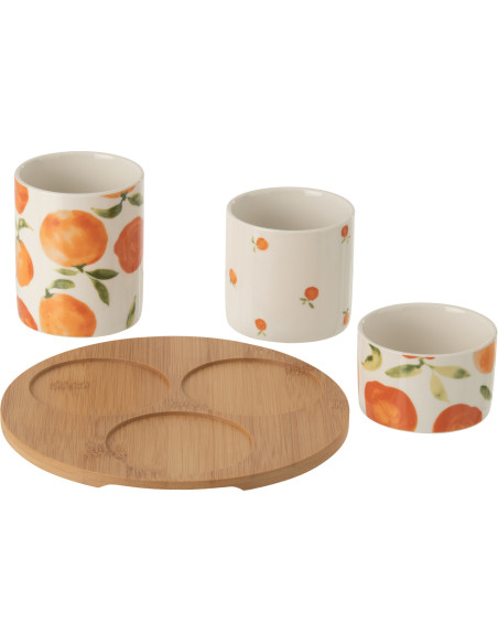 Lot de 3 Bols à apéro style méditerrannéen Céramique Blanc Orange Motif oranges Bambou Naturel Fruttia 