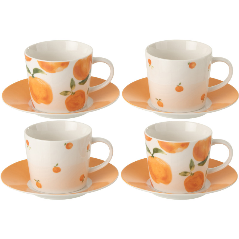 Lot de 4 Tasses à café style méditerrannéen 200 ml Céramique Blanc Orange Motif oranges Fruttia 