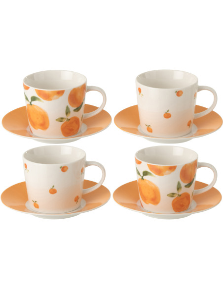 Lot de 4 Tasses à café style méditerrannéen 200 ml Céramique Blanc Orange Motif oranges Fruttia 