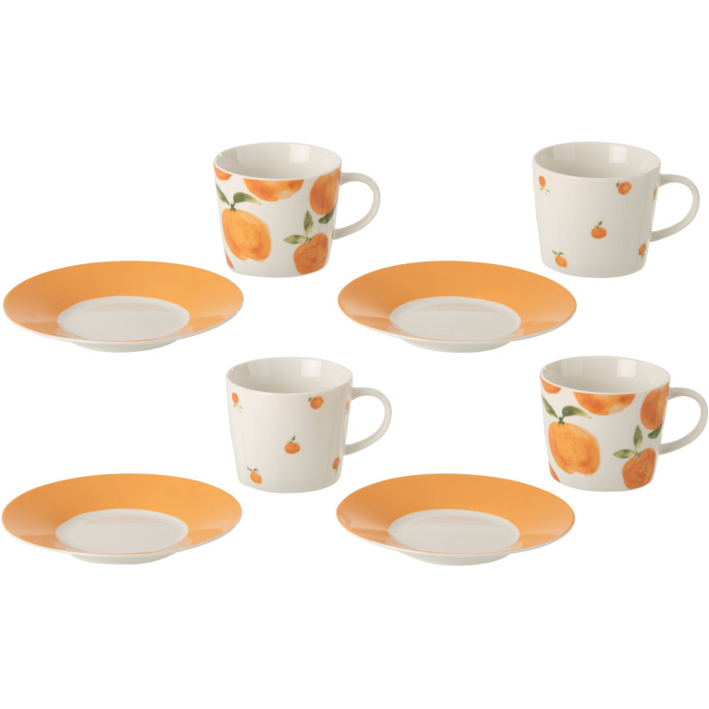 Lot de 4 Tasses à café style méditerrannéen 200 ml Céramique Blanc Orange Motif oranges Fruttia 