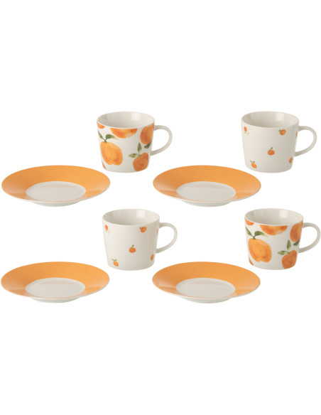 Lot de 4 Tasses à café style méditerrannéen 200 ml Céramique Blanc Orange Motif oranges Fruttia 