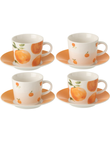 Lot de 4 Tasses à expresso style méditerrannéen 90 ml Céramique Blanc Orange Motif oranges Fruttia 