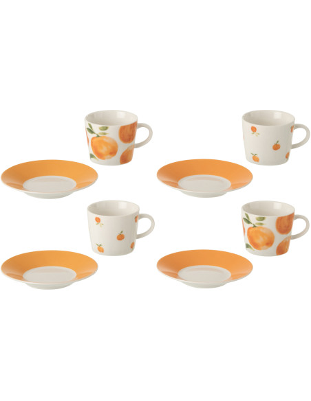 Lot de 4 Tasses à expresso style méditerrannéen 90 ml Céramique Blanc Orange Motif oranges Fruttia 