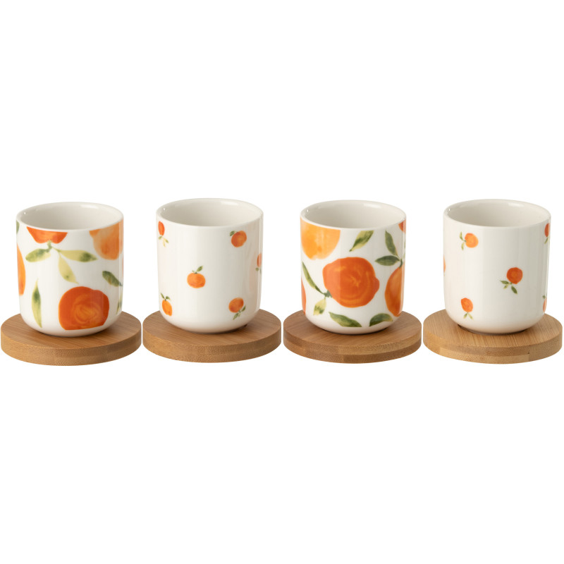 Lot de 4 Tasses espresso style méditerrannée 100 ml Céramique Blanc Orange Motif oranges Bambou Naturel Fruttia 