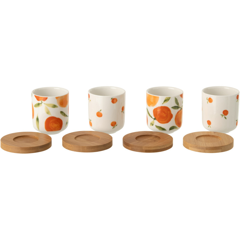Lot de 4 Tasses espresso style méditerrannée 100 ml Céramique Blanc Orange Motif oranges Bambou Naturel Fruttia 