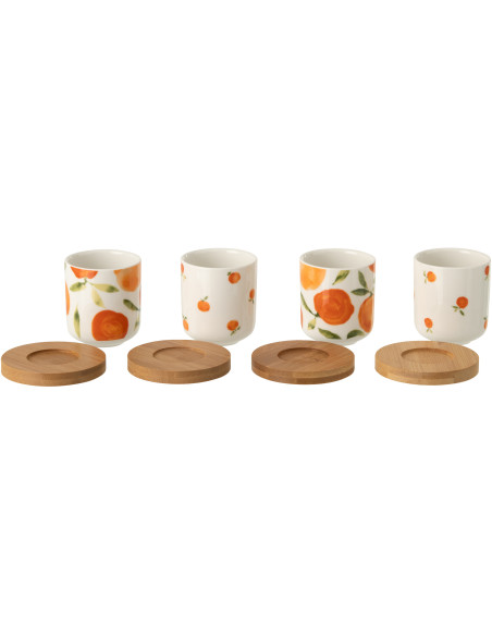 Lot de 4 Tasses espresso style méditerrannée 100 ml Céramique Blanc Orange Motif oranges Bambou Naturel Fruttia 