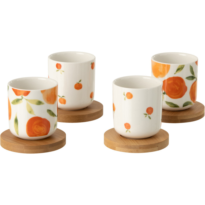 Lot de 4 Tasses espresso style méditerrannée 100 ml Céramique Blanc Orange Motif oranges Bambou Naturel Fruttia 