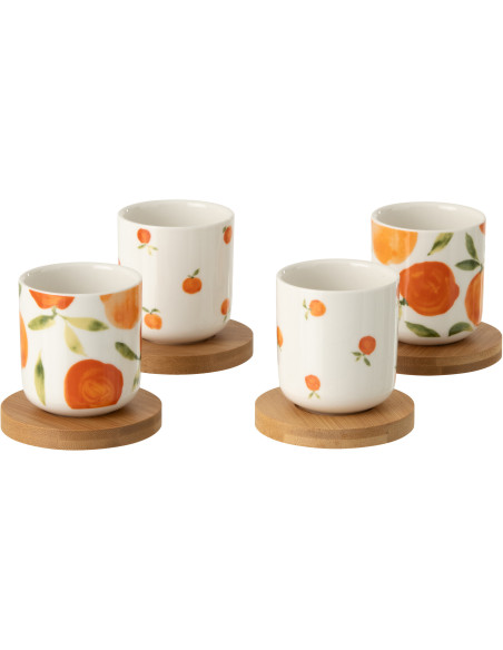 Lot de 4 Tasses espresso style méditerrannée 100 ml Céramique Blanc Orange Motif oranges Bambou Naturel Fruttia 