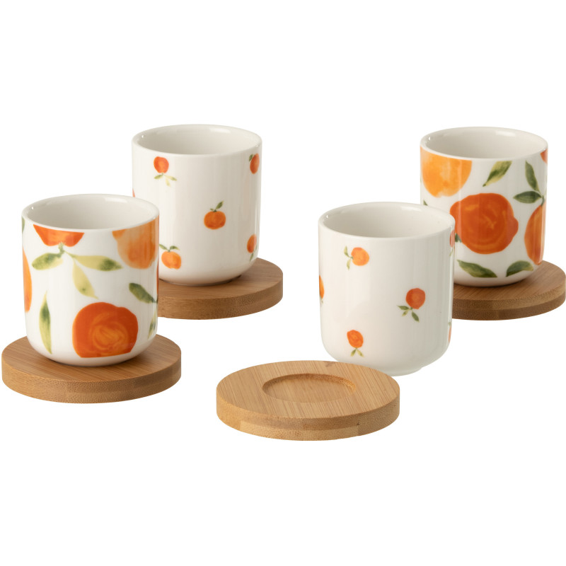 Lot de 4 Tasses espresso style méditerrannée 100 ml Céramique Blanc Orange Motif oranges Bambou Naturel Fruttia 