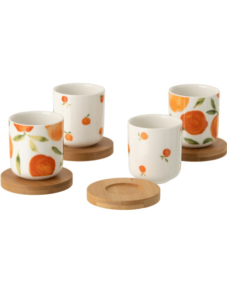 Lot de 4 Tasses espresso style méditerrannée 100 ml Céramique Blanc Orange Motif oranges Bambou Naturel Fruttia 