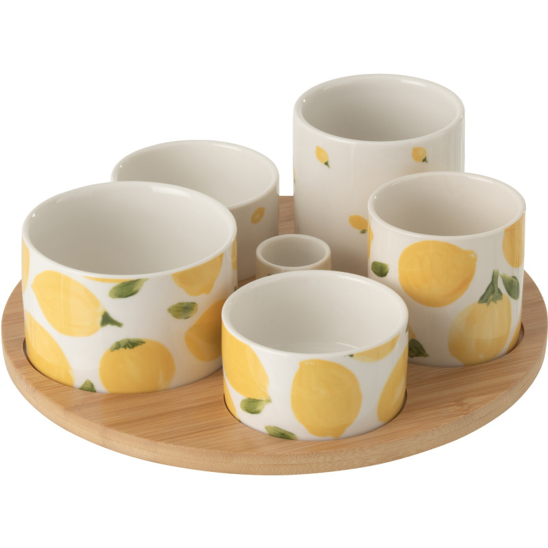 Set apéro 6 Bols style méditérrannée Céramique Blanc Jaune Motif citrons Bambou Naturel Fruttia 