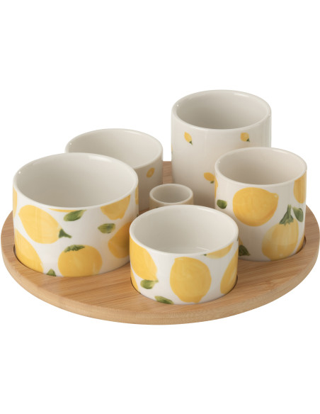 Set apéro 6 Bols style méditérrannée Céramique Blanc Jaune Motif citrons Bambou Naturel Fruttia 