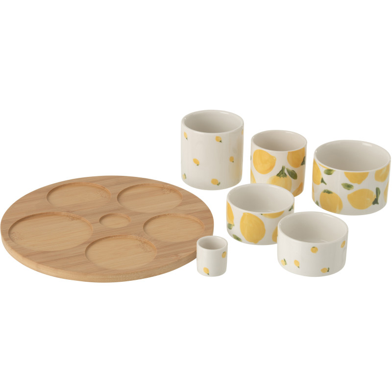 Set apéro 6 Bols style méditérrannée Céramique Blanc Jaune Motif citrons Bambou Naturel Fruttia 
