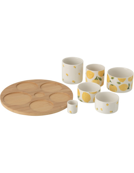 Set apéro 6 Bols style méditérrannée Céramique Blanc Jaune Motif citrons Bambou Naturel Fruttia 