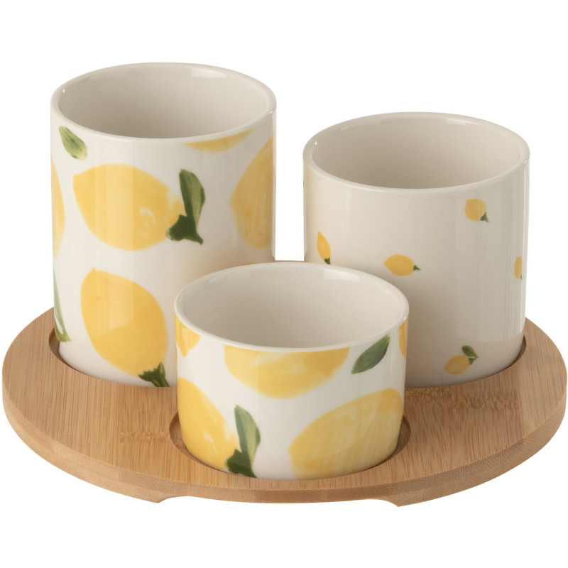 Lot de 3 Bols à apéro style méditerrannéen Céramique Blanc Jaune Motif citrons Bambou Naturel Fruttia 