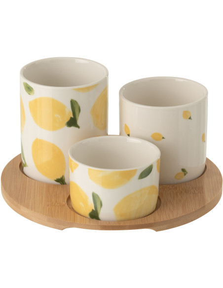 Lot de 3 Bols à apéro style méditerrannéen Céramique Blanc Jaune Motif citrons Bambou Naturel Fruttia 