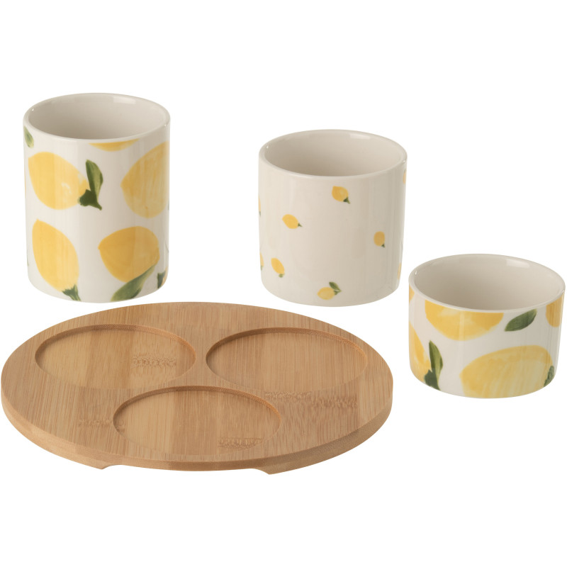 Lot de 3 Bols à apéro style méditerrannéen Céramique Blanc Jaune Motif citrons Bambou Naturel Fruttia 