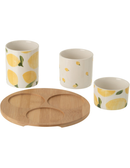 Lot de 3 Bols à apéro style méditerrannéen Céramique Blanc Jaune Motif citrons Bambou Naturel Fruttia 