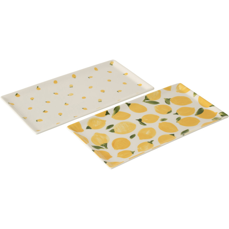 Lot de 2 Plateaux de service style méditerrannéen Rectangulaire 31 cm Céramique Blanc Jaune Motif citrons Fruttia 
