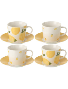 Lot de 4 Tasses à café style méditerrannéen 200 ml Céramique Blanc Jaune Motif citrons Fruttia 