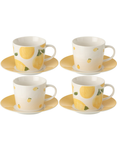 Lot de 4 Tasses à café style méditerrannéen 200 ml Céramique Blanc Jaune Motif citrons Fruttia 