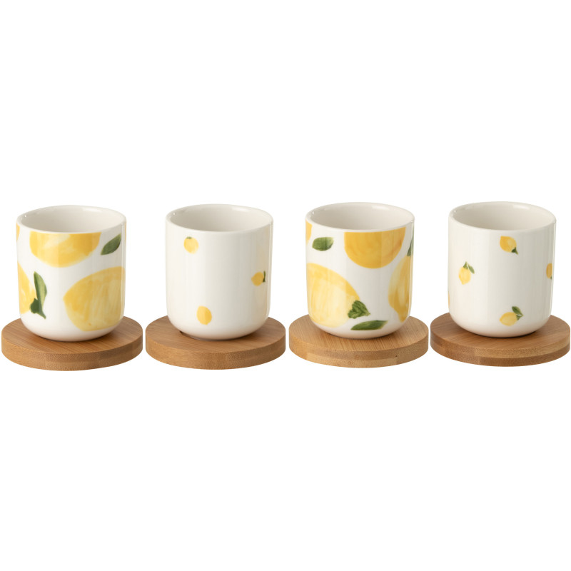 Lot de 4 Tasses espresso style méditerrannée 100 ml Céramique Blanc Jaune Motif citrons Bambou Naturel Fruttia 