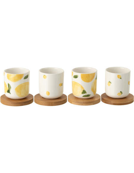 Lot de 4 Tasses espresso style méditerrannée 100 ml Céramique Blanc Jaune Motif citrons Bambou Naturel Fruttia 