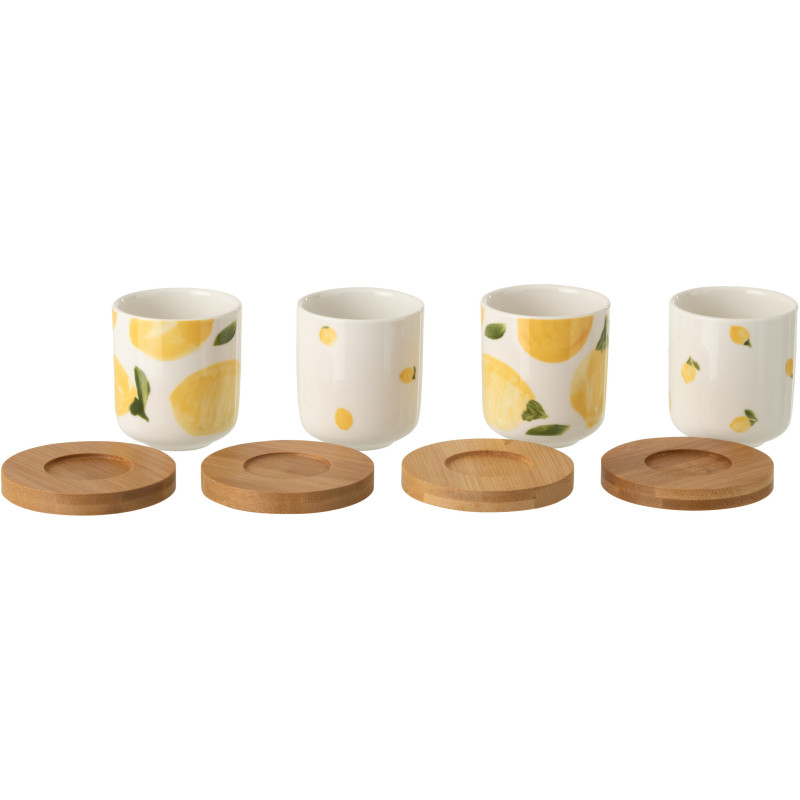 Lot de 4 Tasses espresso style méditerrannée 100 ml Céramique Blanc Jaune Motif citrons Bambou Naturel Fruttia 