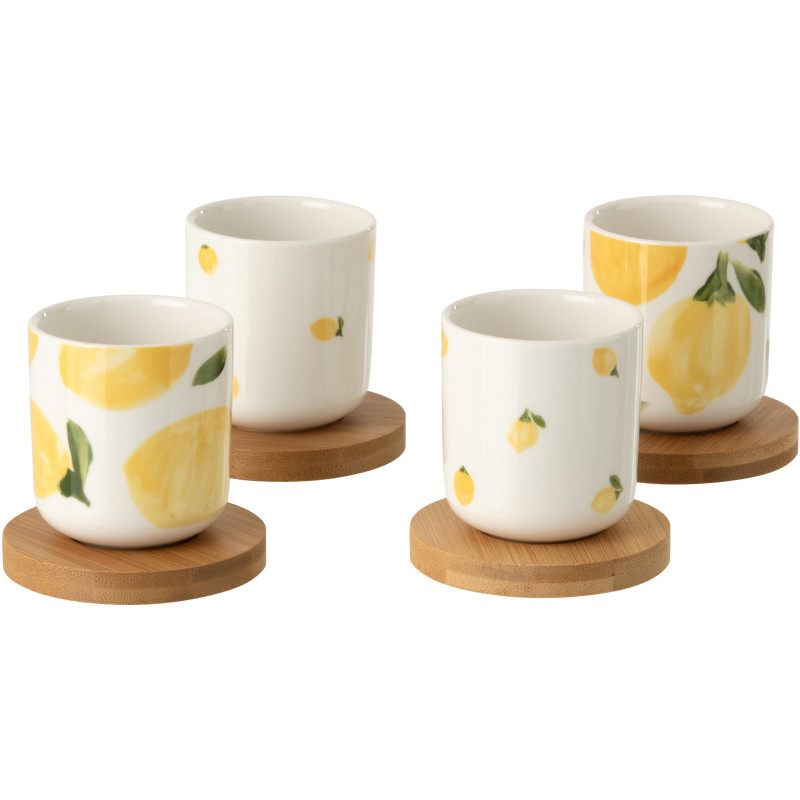 Lot de 4 Tasses espresso style méditerrannée 100 ml Céramique Blanc Jaune Motif citrons Bambou Naturel Fruttia 