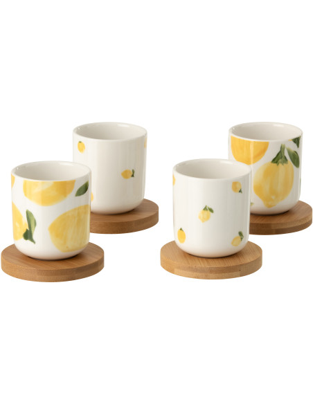 Lot de 4 Tasses espresso style méditerrannée 100 ml Céramique Blanc Jaune Motif citrons Bambou Naturel Fruttia 