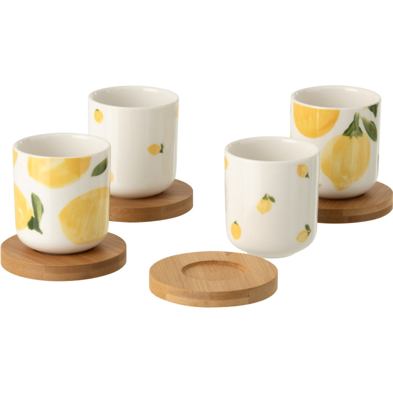 Lot de 4 Tasses espresso style méditerrannée 100 ml Céramique Blanc Jaune Motif citrons Bambou Naturel Fruttia 