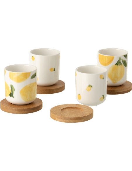 Lot de 4 Tasses espresso style méditerrannée 100 ml Céramique Blanc Jaune Motif citrons Bambou Naturel Fruttia 