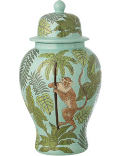 Grand Pot déco tropical chic Singe avec couvercle H 54 cm Porcelaine Vert Canopia 