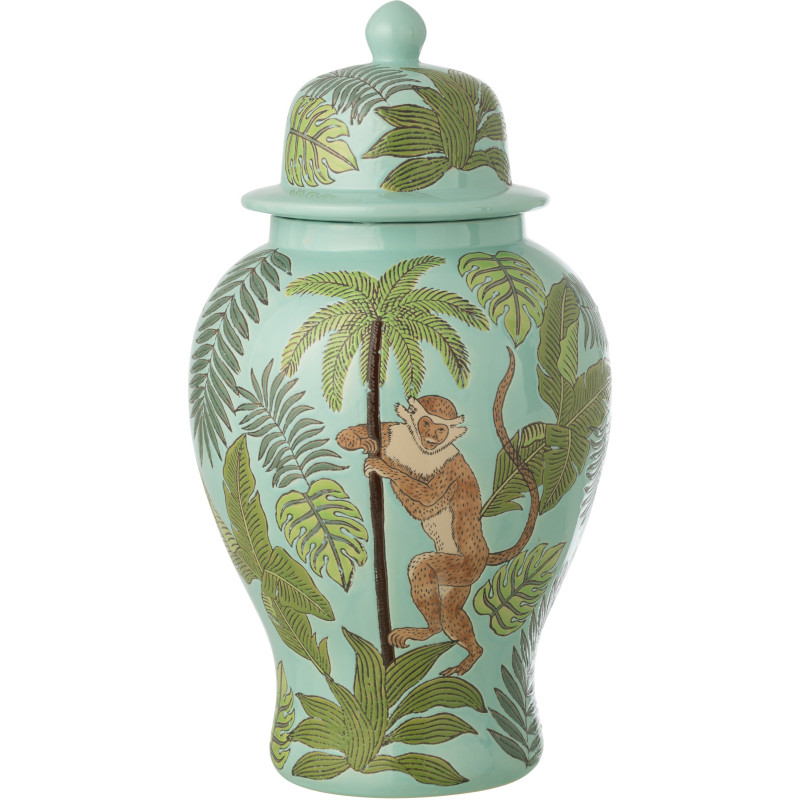 Grand Pot déco tropical chic Singe avec couvercle H 54 cm Porcelaine Vert Canopia 