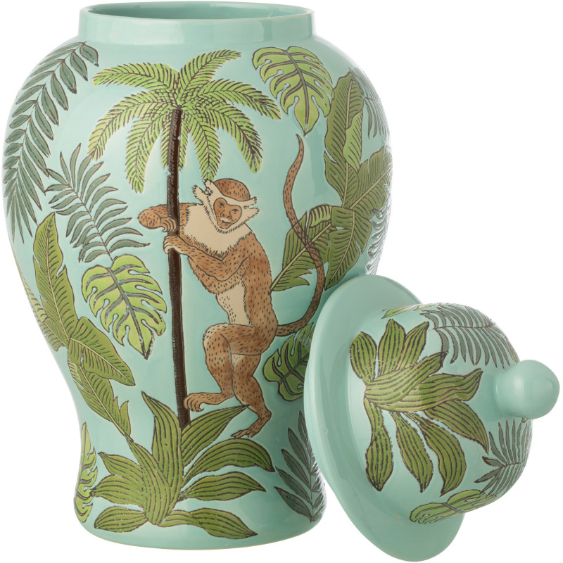 Grand Pot déco tropical chic Singe avec couvercle H 54 cm Porcelaine Vert Canopia 