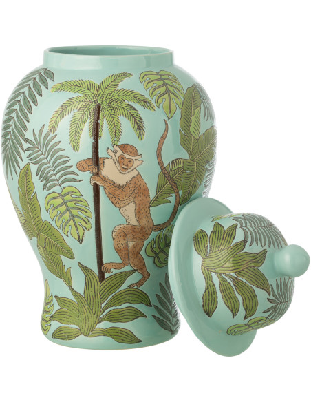 Grand Pot déco tropical chic Singe avec couvercle H 54 cm Porcelaine Vert Canopia 
