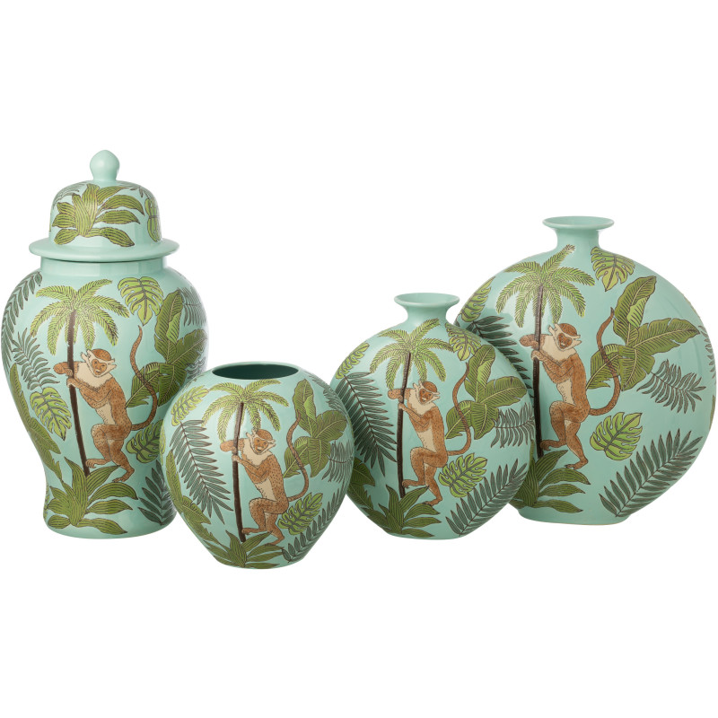 Grand Pot déco tropical chic Singe avec couvercle H 54 cm Porcelaine Vert Canopia 