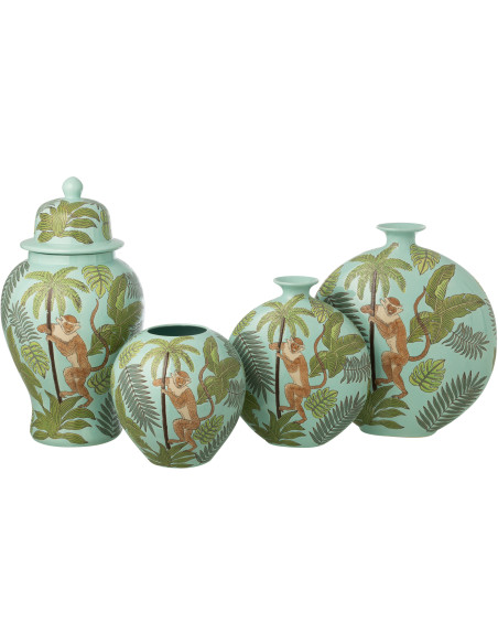 Grand Pot déco tropical chic Singe avec couvercle H 54 cm Porcelaine Vert Canopia 