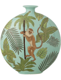 Vase tropical chic Singe Plat rond H 43 cm Porcelaine Vert Canopia 