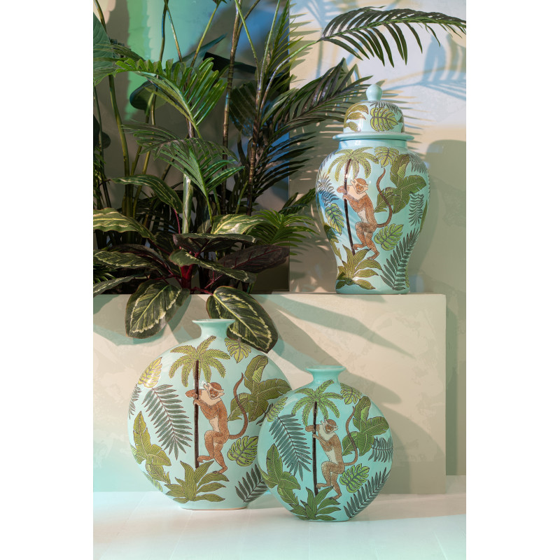 Vase tropical chic Singe Plat rond H 43 cm Porcelaine Vert Canopia 