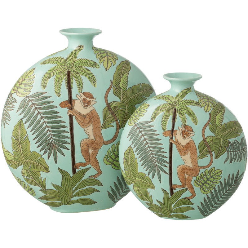 Vase tropical chic Singe Plat rond H 43 cm Porcelaine Vert Canopia 