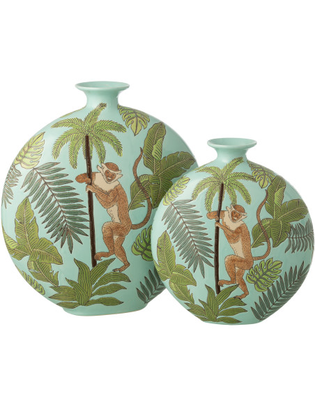 Vase tropical chic Singe Plat rond H 43 cm Porcelaine Vert Canopia 