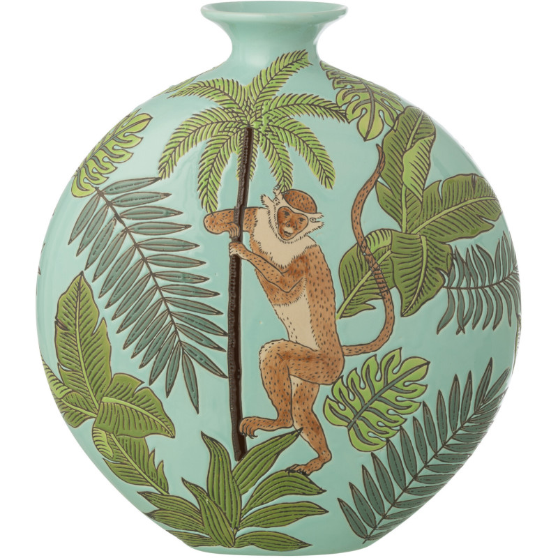 Vase tropical chic Singe Plat rond H 33 cm Porcelaine Vert Canopia 