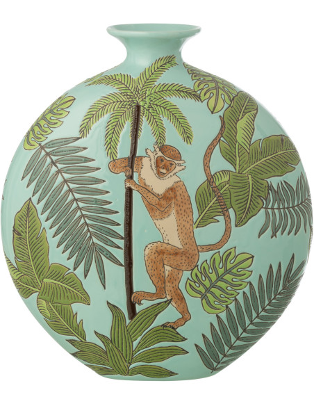 Vase tropical chic Singe Plat rond H 33 cm Porcelaine Vert Canopia 