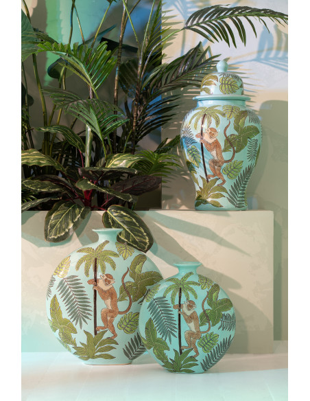 Vase tropical chic Singe Plat rond H 33 cm Porcelaine Vert Canopia 