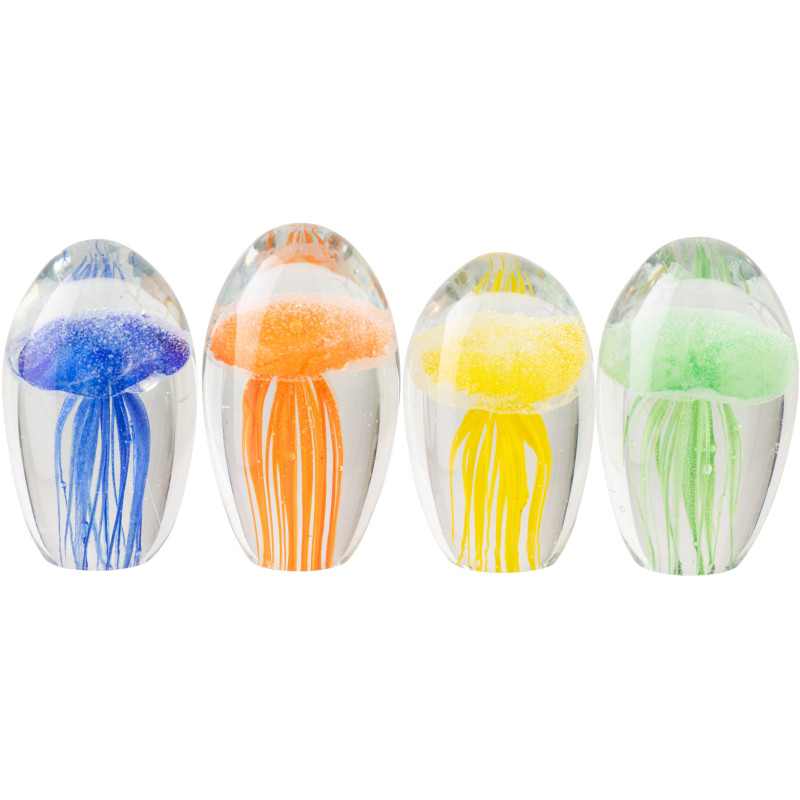 Lot de 4 Presse-papier bord de mer Méduses H 7 cm Verre Bleu Orange Jaune Vert Jellyfish 